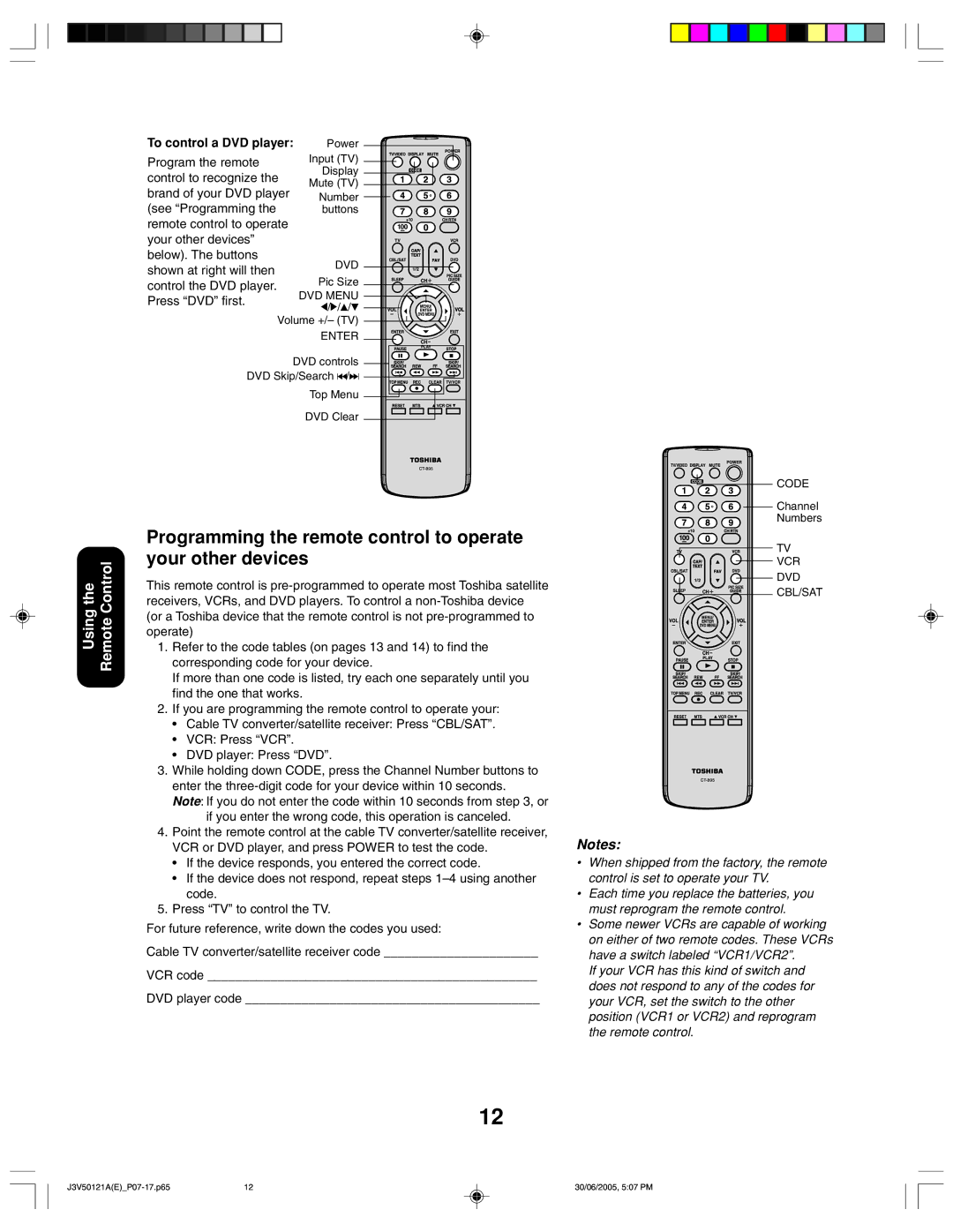 Toshiba 26AF45C appendix Using the Remote Control, To control a DVD player 