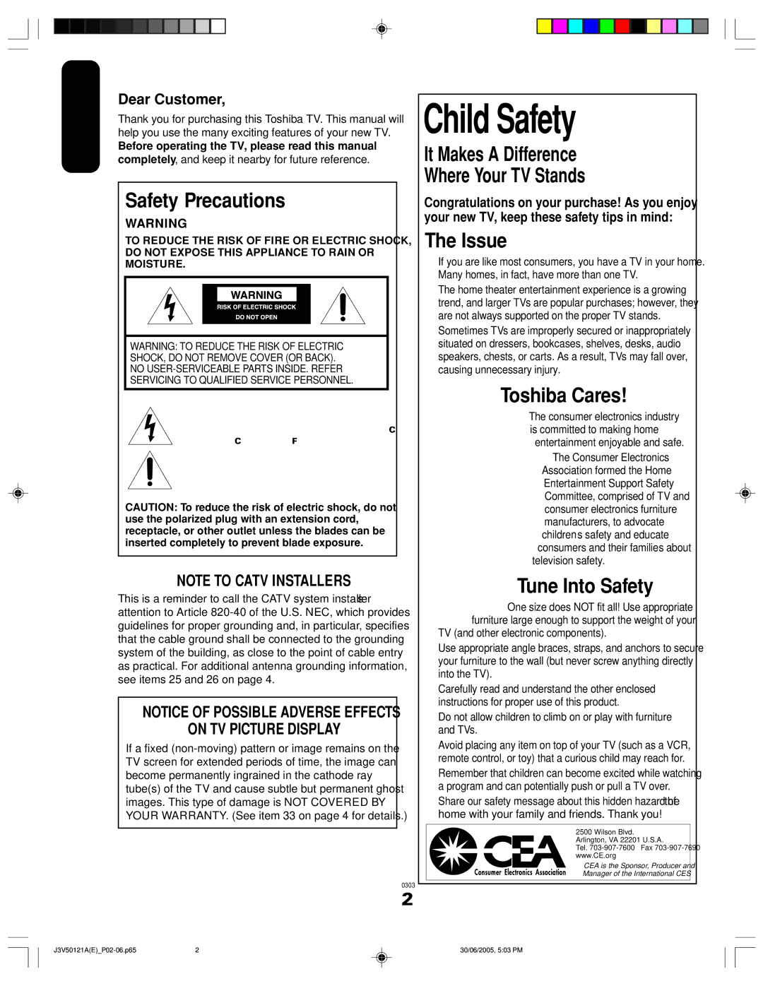 Toshiba 26AF45C appendix Dear Customer, Safeguards 