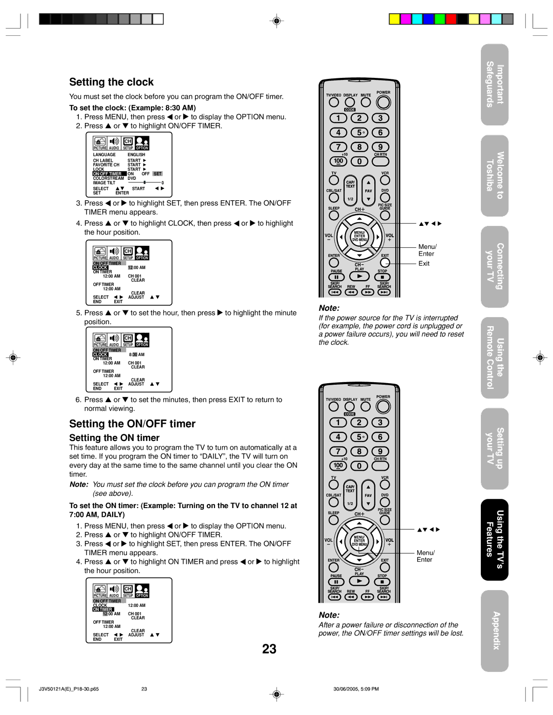 Toshiba 26AF45C appendix Setting the clock, Setting the ON/OFF timer, Setting the on timer, To set the clock Example 830 AM 