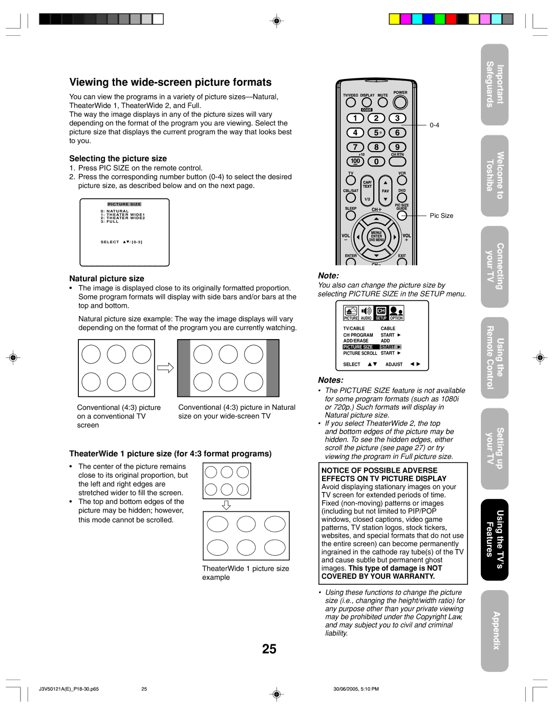 Toshiba 26AF45C appendix Viewing the wide-screen picture formats, Safeguards Toshiba Welcome to, Conventional 43 picture 