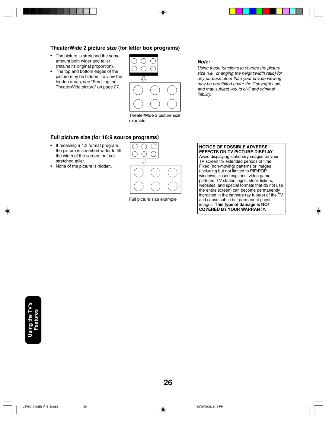 Toshiba 26AF45C appendix TheaterWide 2 picture size for letter box programs, Full picture size for 169 source programs 