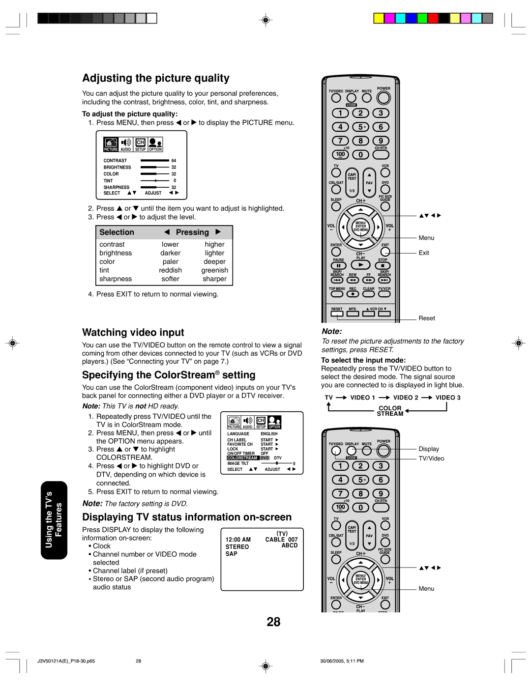 Toshiba 26AF45C Watching video input, Specifying the ColorStream setting, Displaying TV status information on-screen 