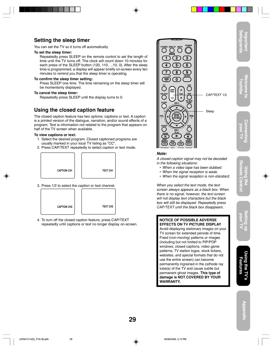 Toshiba 26AF45C appendix Setting the sleep timer, Using the closed caption feature 