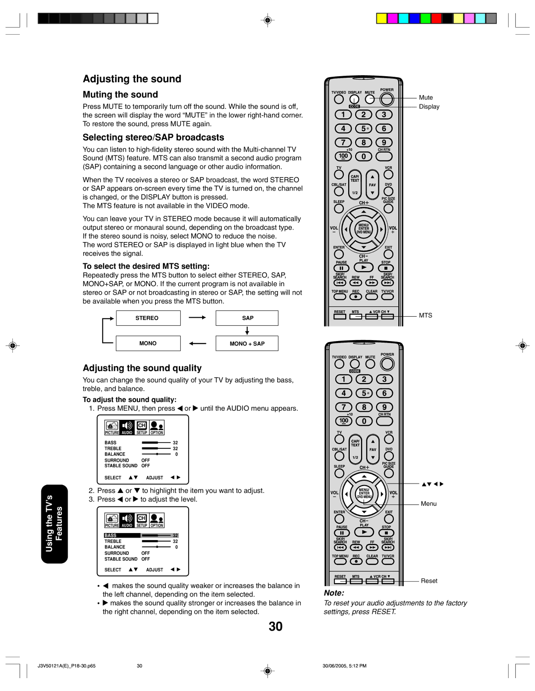 Toshiba 26AF45C appendix Muting the sound, Selecting stereo/SAP broadcasts, Adjusting the sound quality 