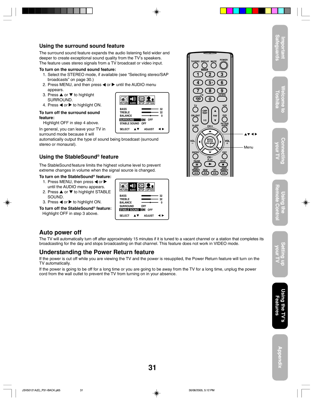 Toshiba 26AF45C appendix Auto power off, Understanding the Power Return feature, Using the surround sound feature 