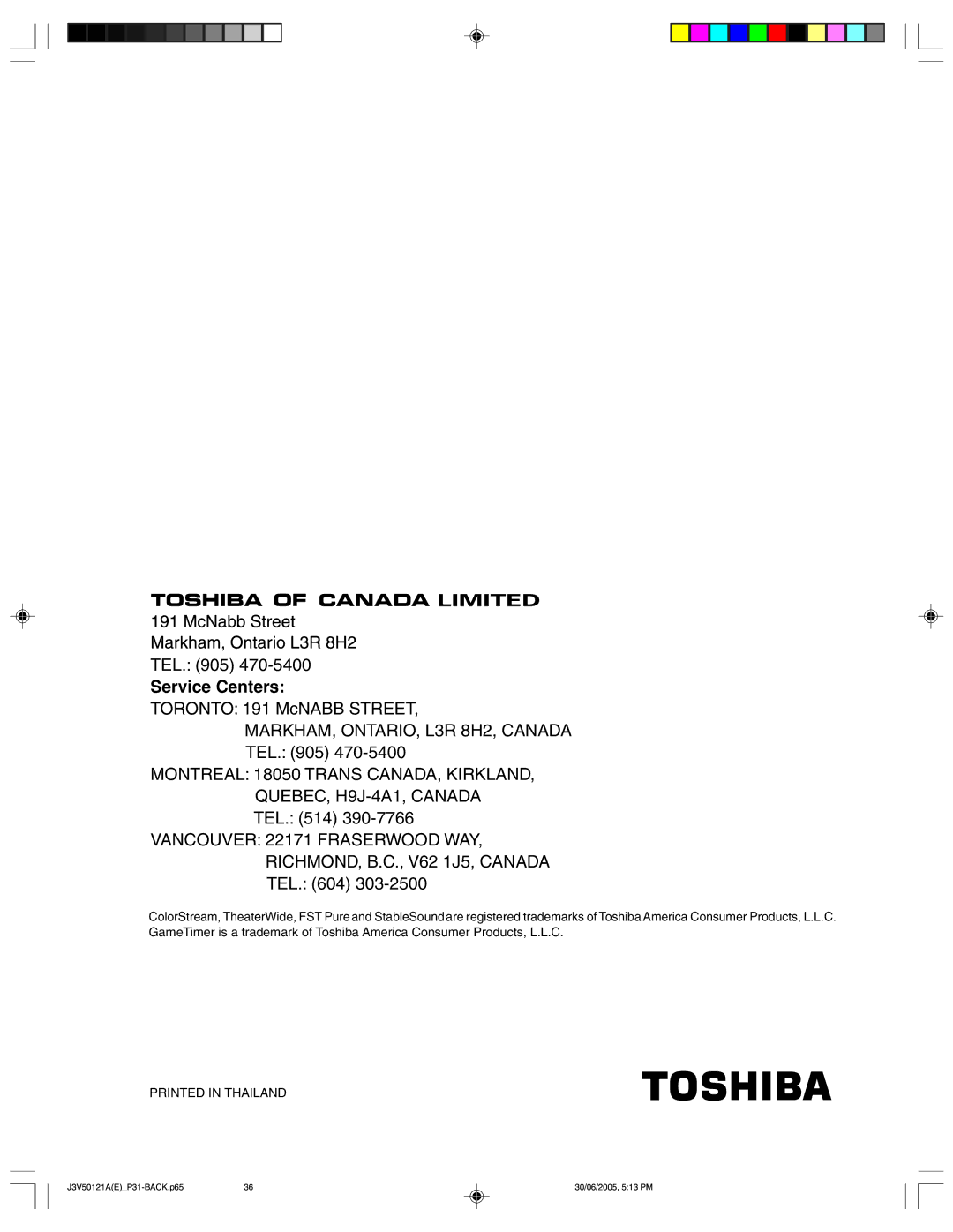 Toshiba 26AF45C appendix Service Centers 