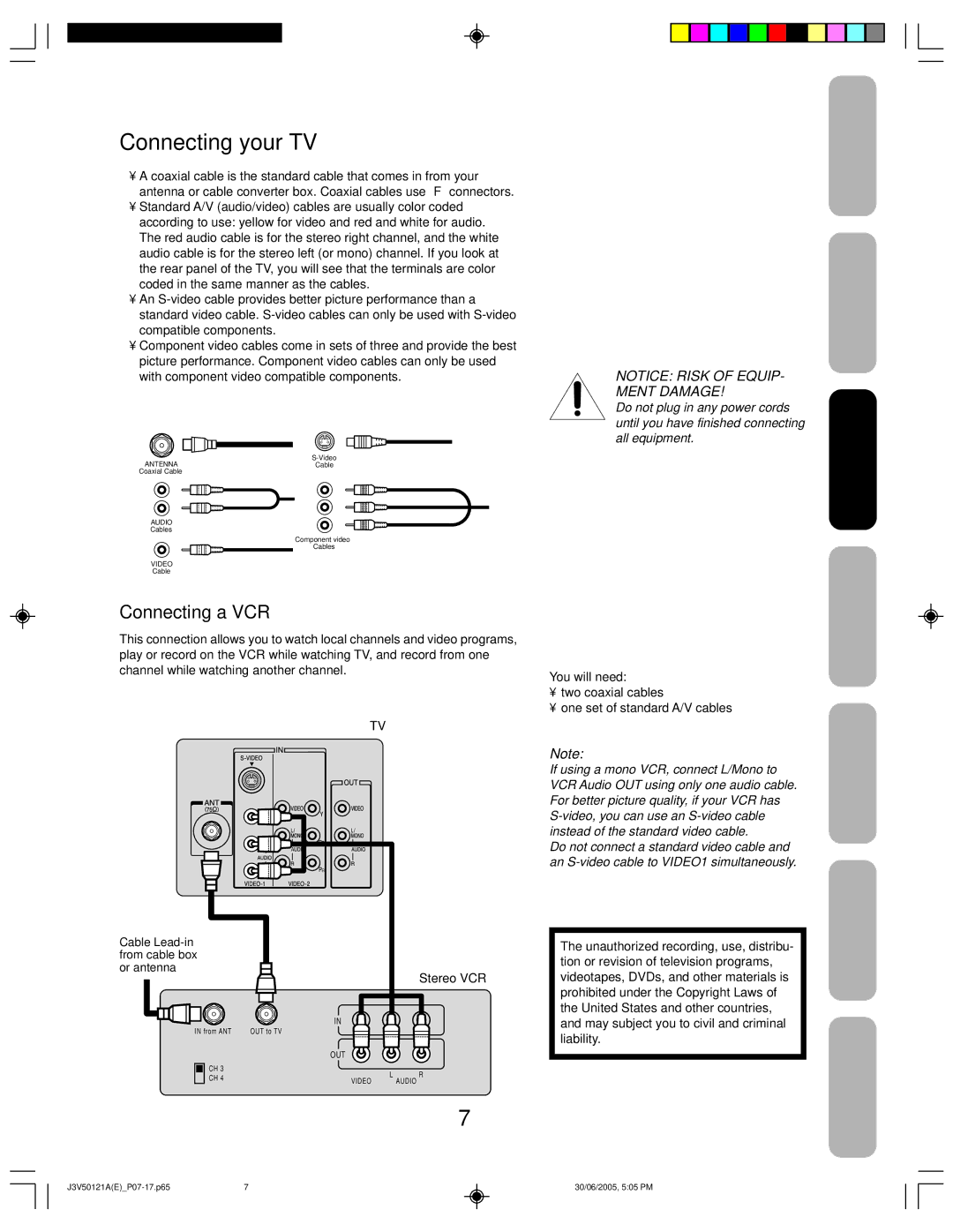 Toshiba 26AF45C appendix Connecting your TV, Connecting a VCR, Safeguards Toshiba Your TV Welcome to Connecting 