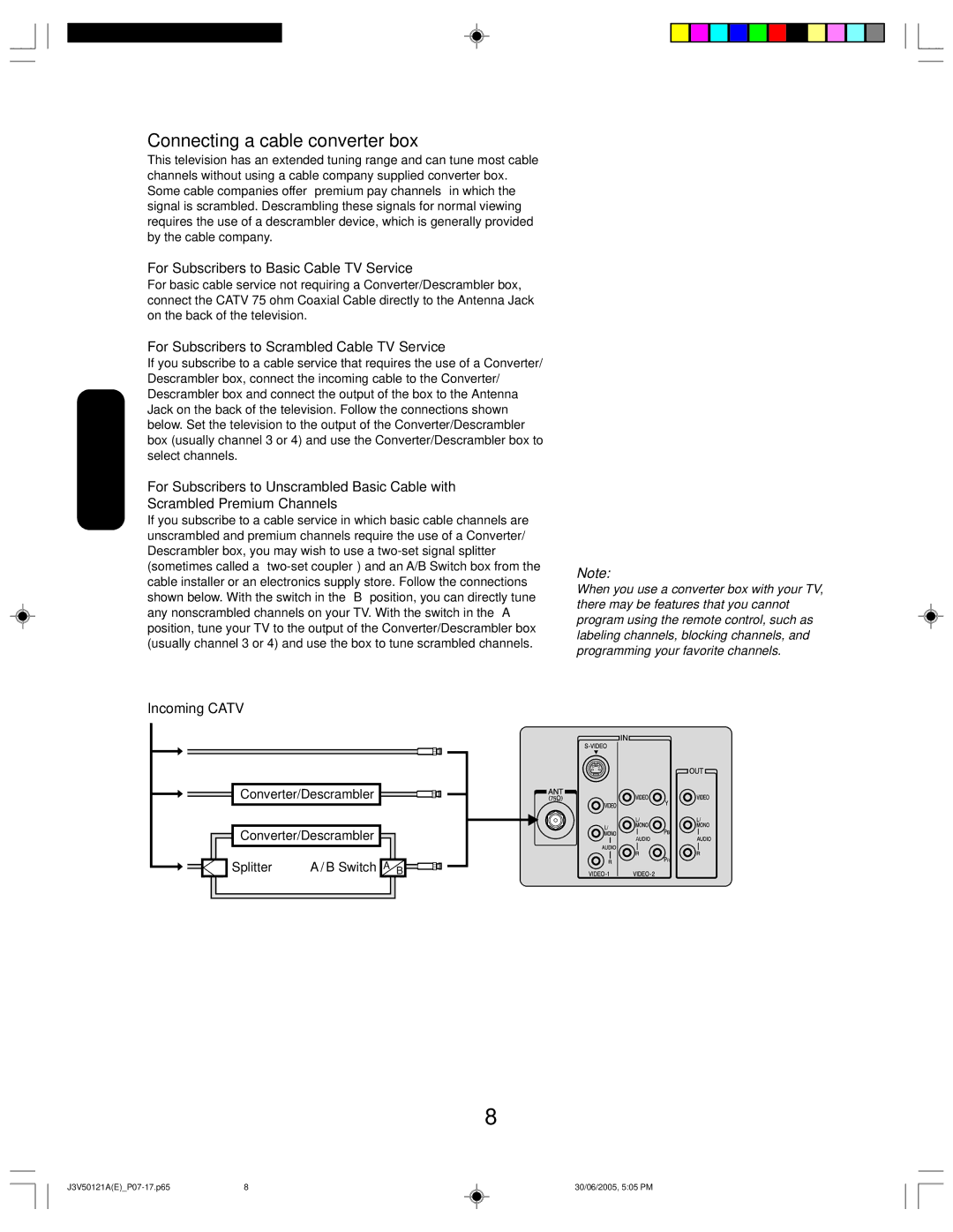 Toshiba 26AF45C appendix Connecting a cable converter box, Converter/Descrambler Splitter Switch a B 