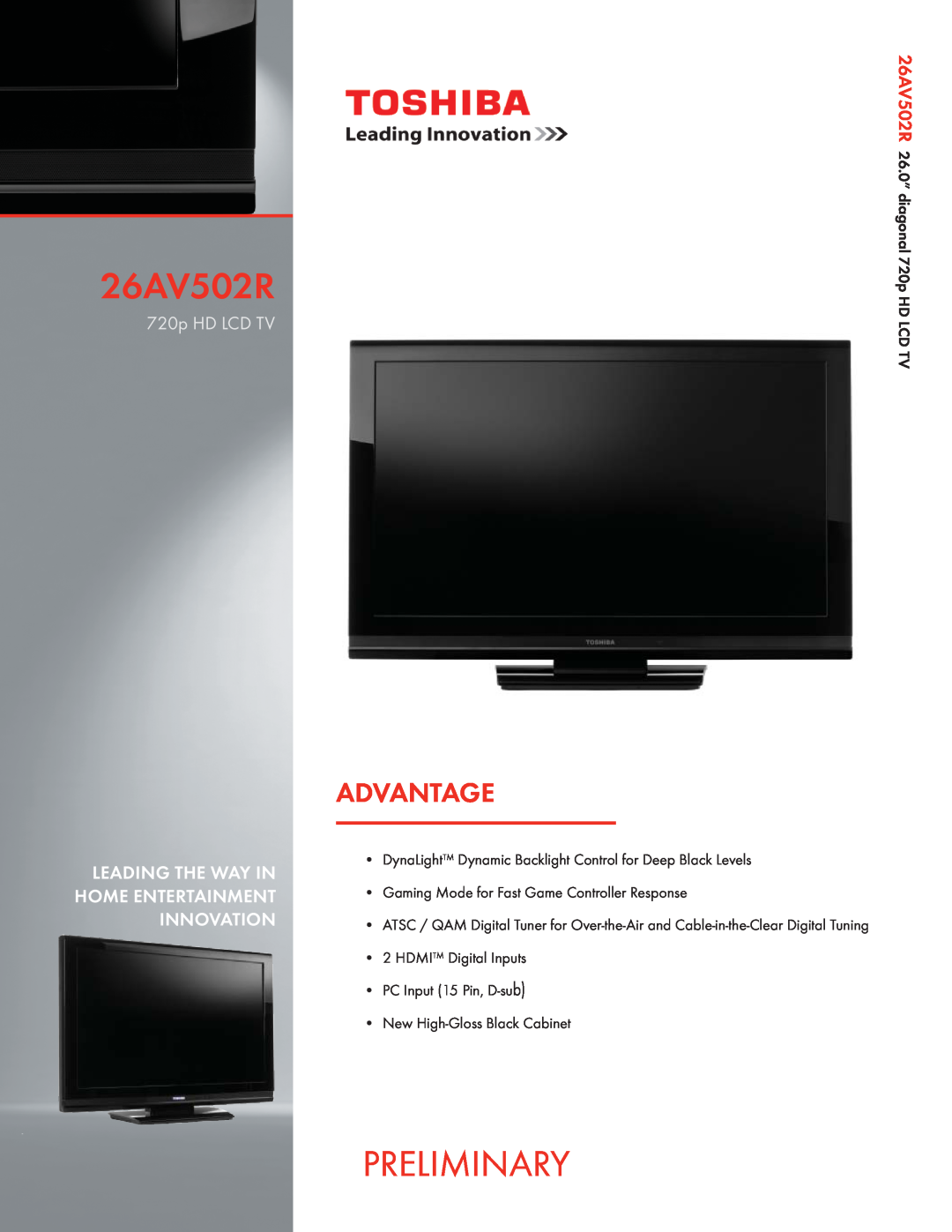 Toshiba manual Preliminary, Advantage, 26AV502U26AV502R, 720p HD LCD TV with CineSpeed 