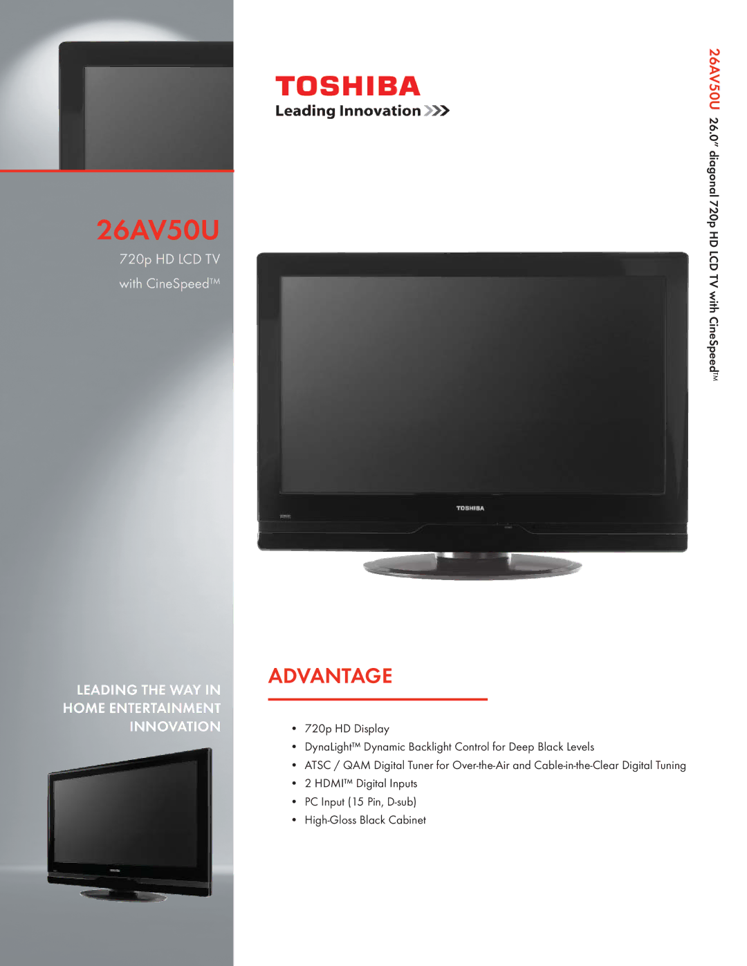 Toshiba 26AV50U manual Advantage, 720p HD LCD TV With CineSpeed 