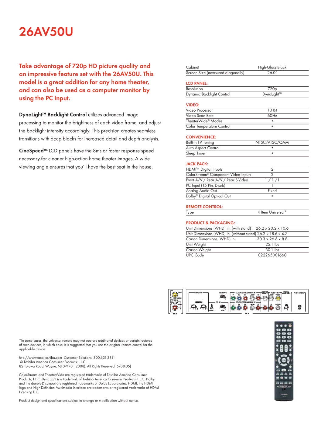 Toshiba 26AV50U manual LCD Panel, Video, Convenience, Jack Pack, Remote Control, Product & Packaging 