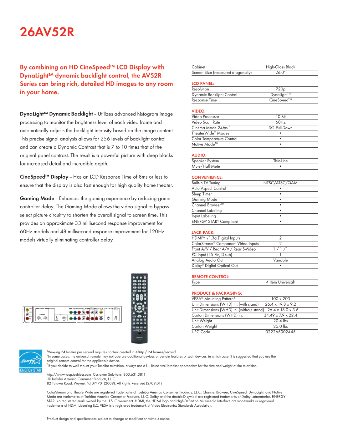 Toshiba 26AV52R manual LCD Panel, Video, Audio, Convenience, Jack Pack, Remote Control, Product & Packaging 