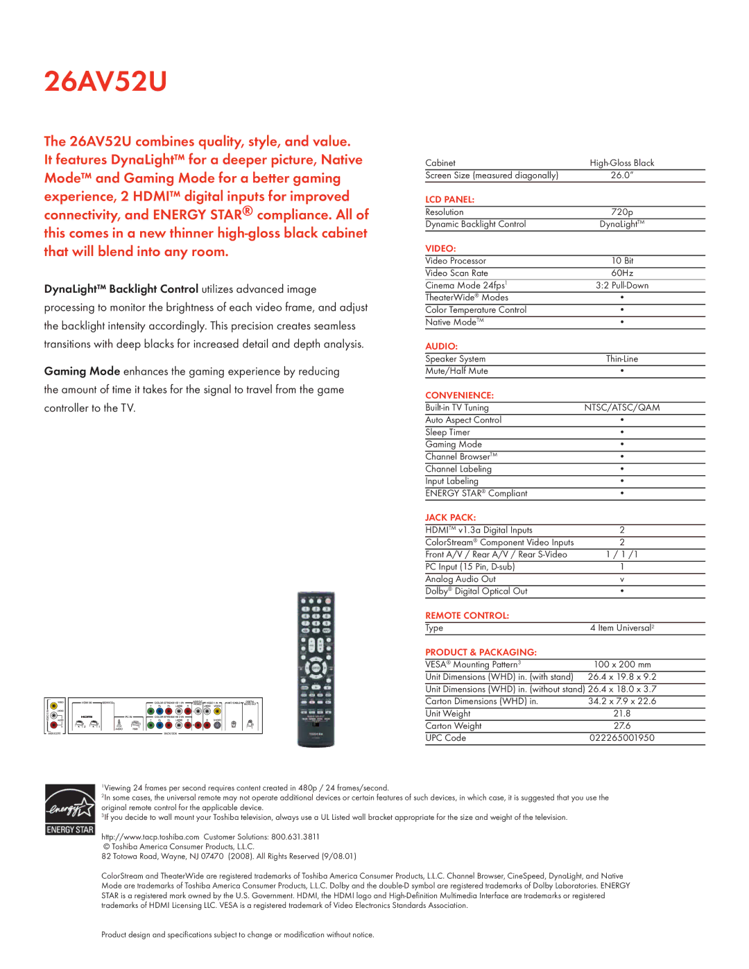 Toshiba 26AV52U manual 