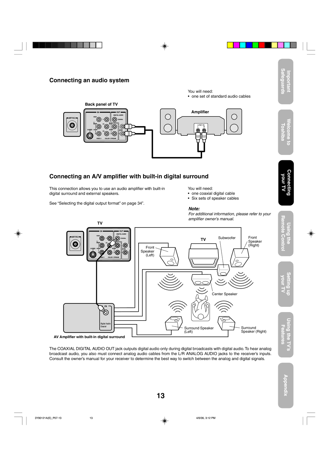 Toshiba 26DF56 appendix Connecting an audio system, Connecting an A/V amplifier with built-in digital surround 