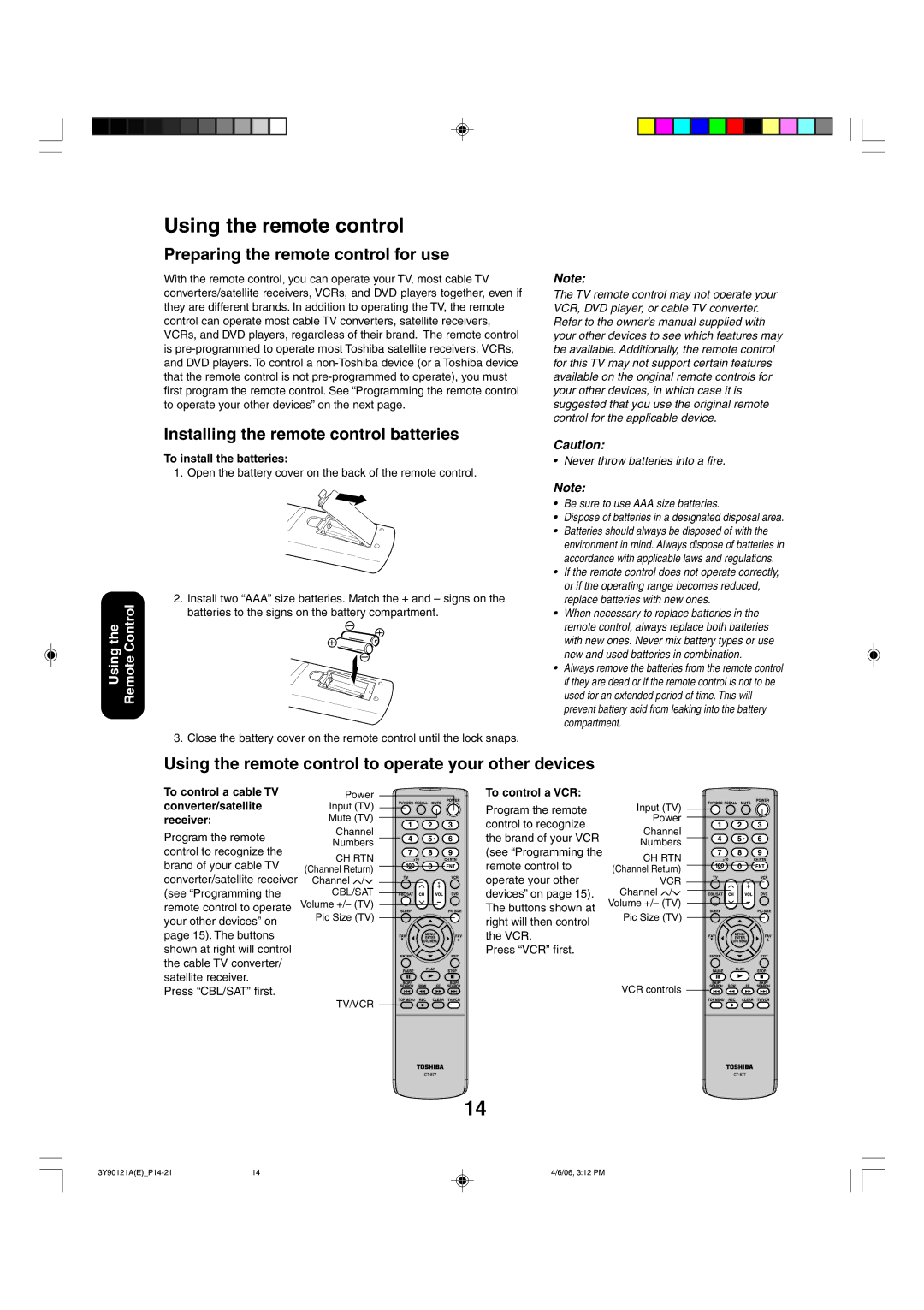 Toshiba 26DF56 Using the remote control, Preparing the remote control for use, Installing the remote control batteries 