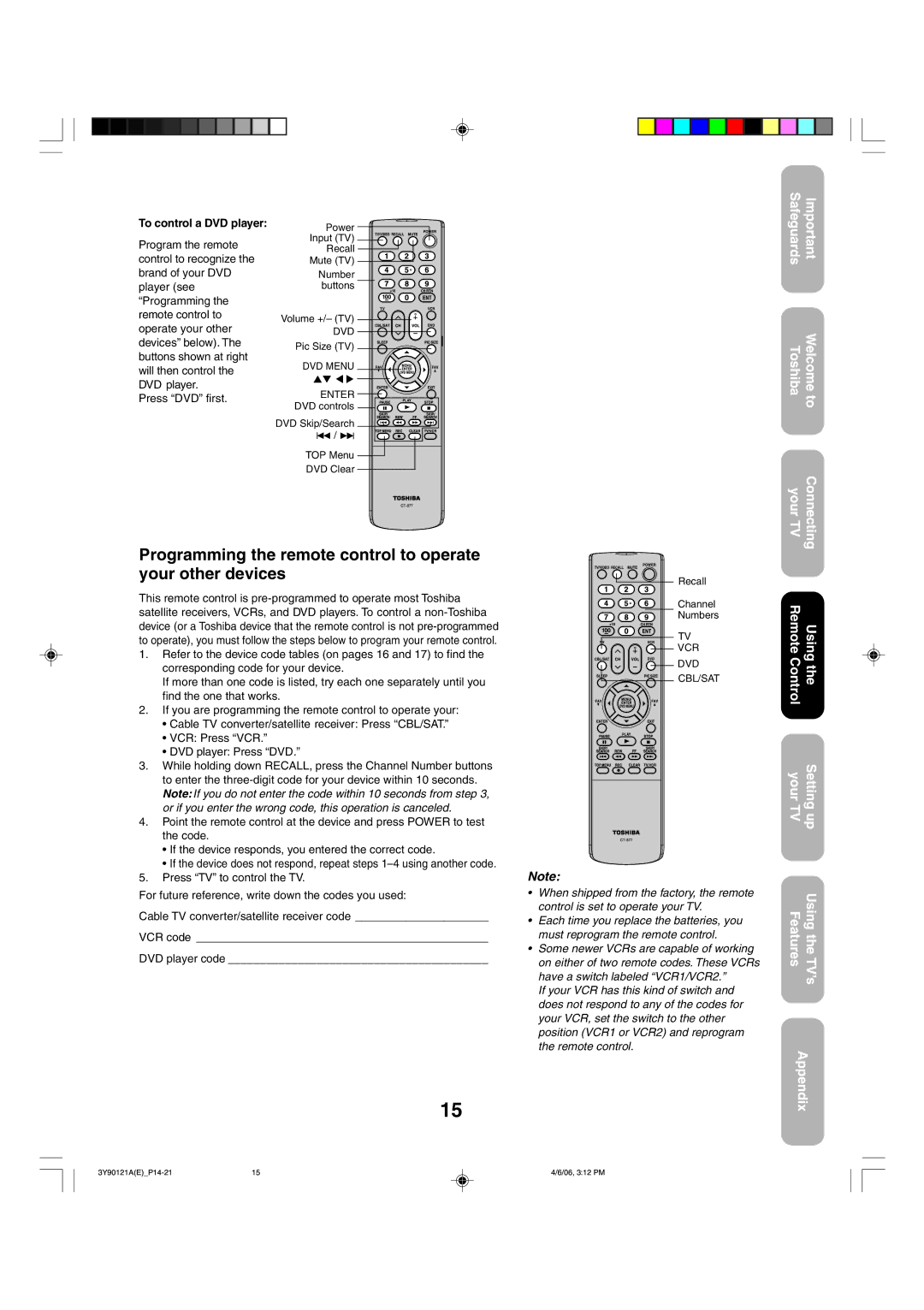 Toshiba 26DF56 appendix Programming the remote control to operate your other devices, To control a DVD player 