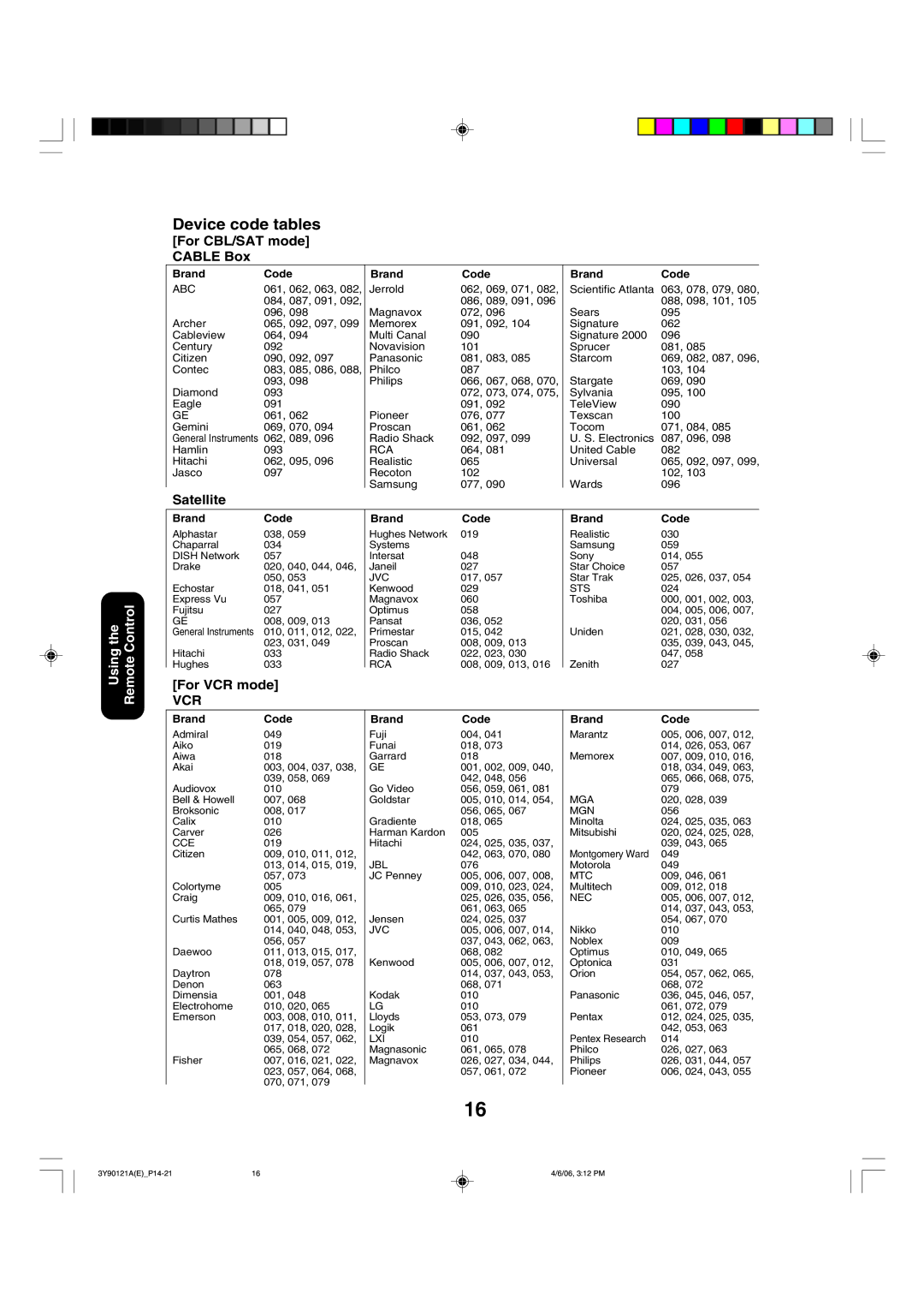 Toshiba 26DF56 appendix Device code tables For CBL/SAT mode Cable Box, Brand Code 