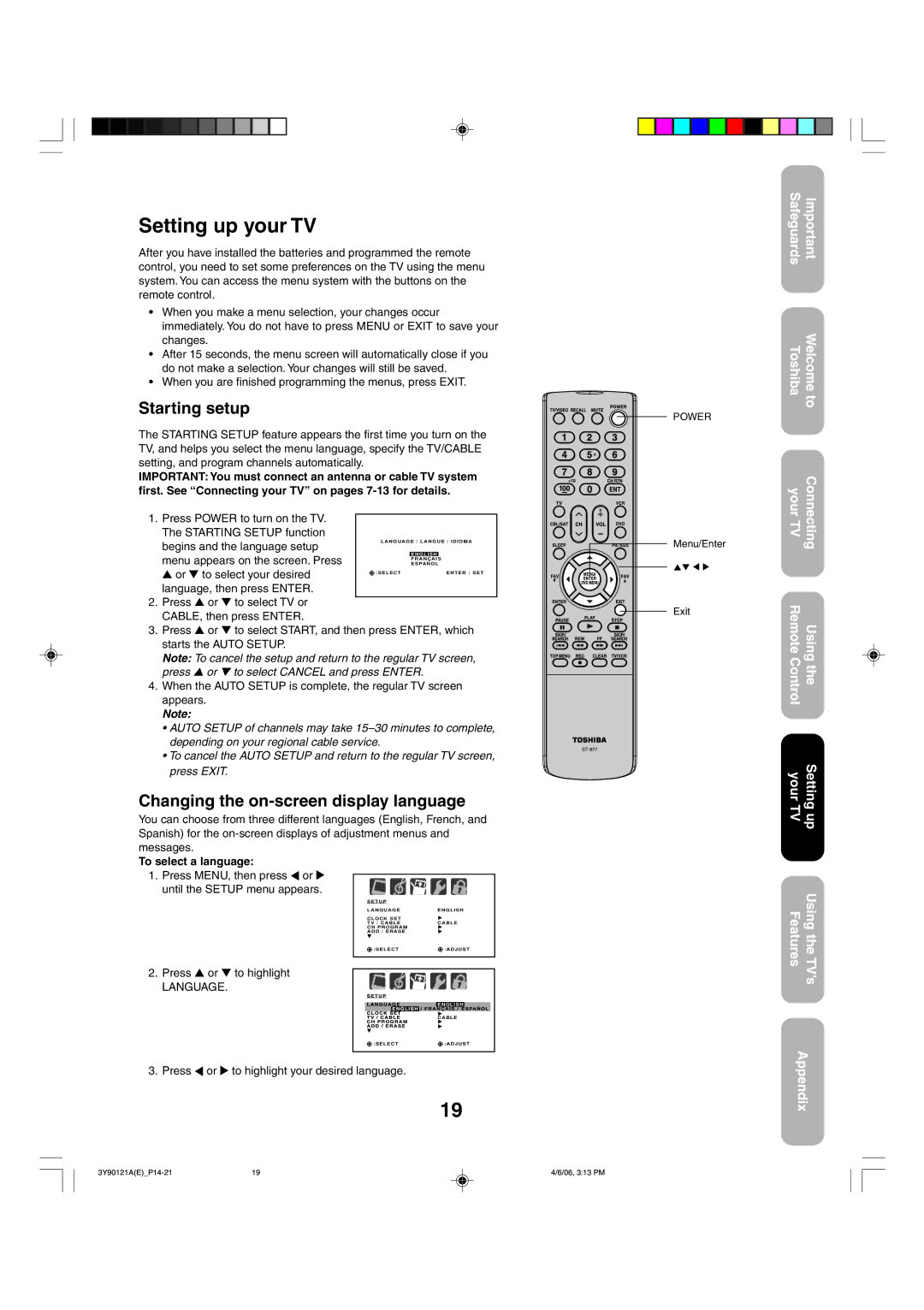 Toshiba 26DF56 appendix Setting up your TV, Starting setup, Changing the on-screen display language 