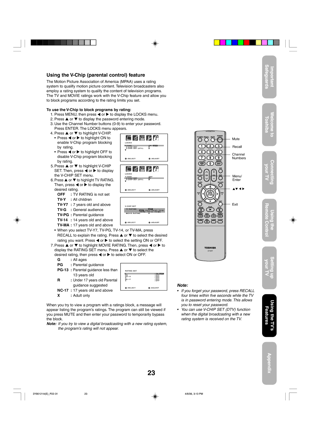 Toshiba 26DF56 appendix Using the V-Chip parental control feature, Off, Tv-Y, Tv-G 