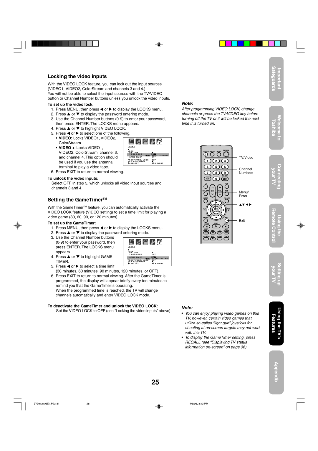 Toshiba 26DF56 appendix Locking the video inputs, Setting the GameTimerTM 