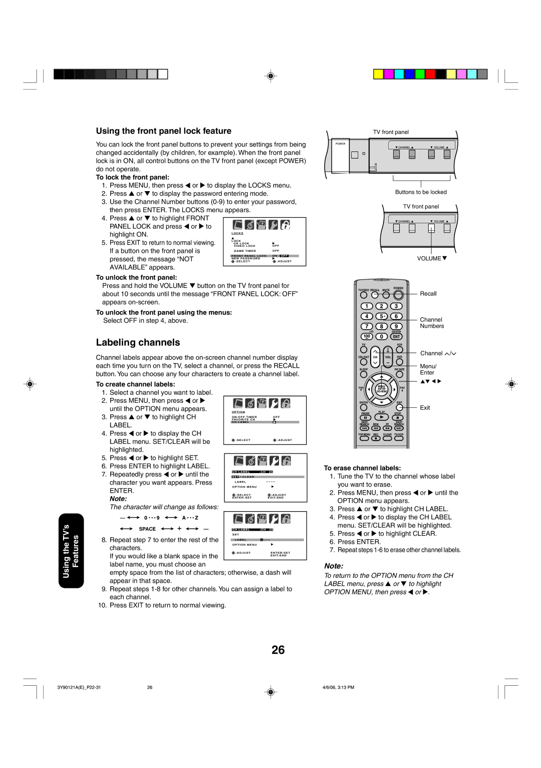 Toshiba 26DF56 appendix Labeling channels, Using the front panel lock feature 