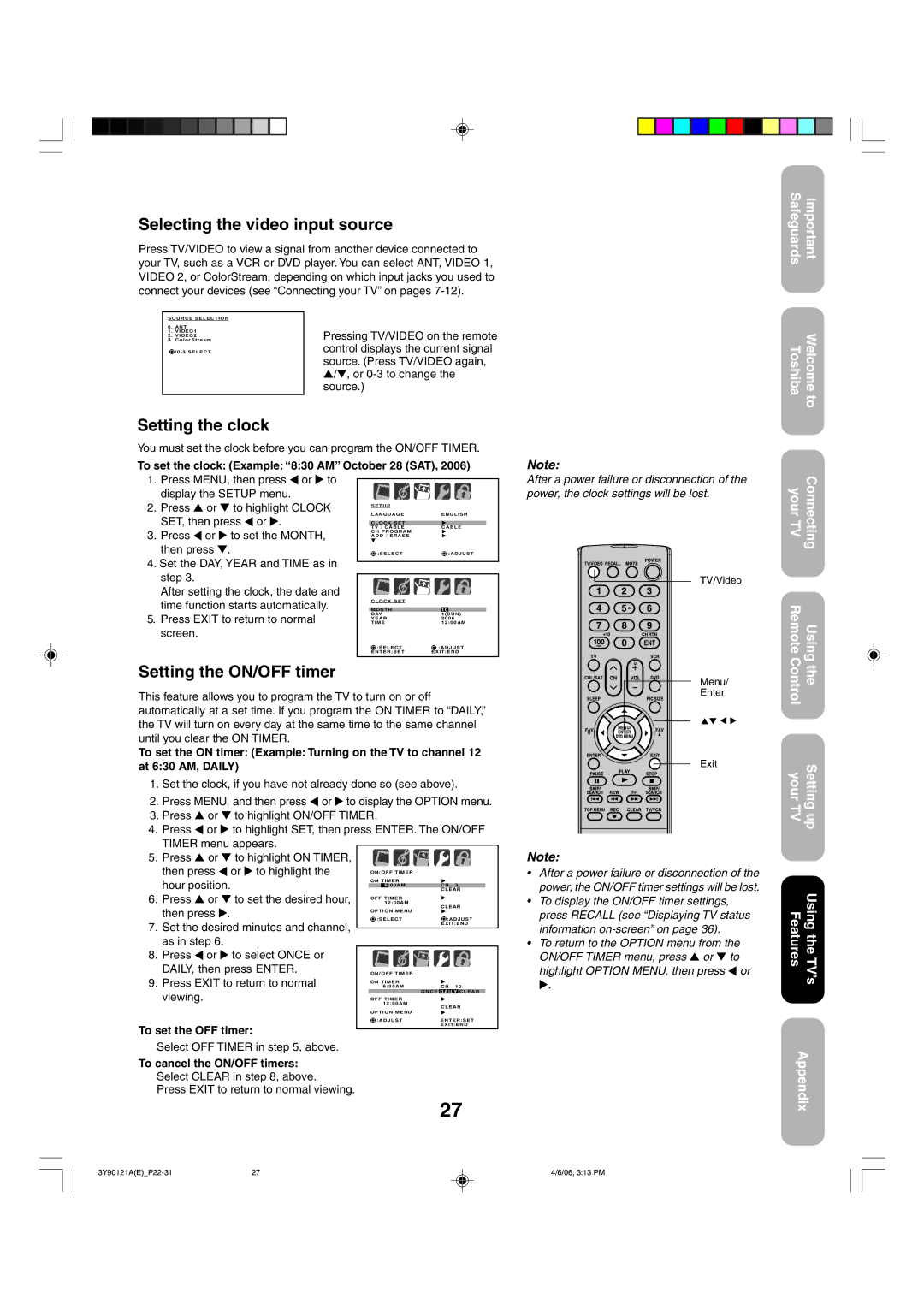 Toshiba 26DF56 appendix Selecting the video input source, Setting the clock, Setting the ON/OFF timer 