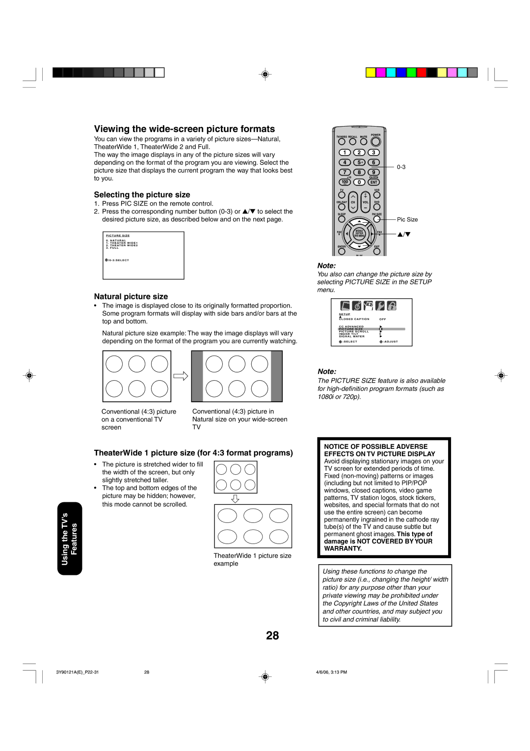 Toshiba 26DF56 appendix Viewing the wide-screen picture formats, Selecting the picture size, Natural picture size 