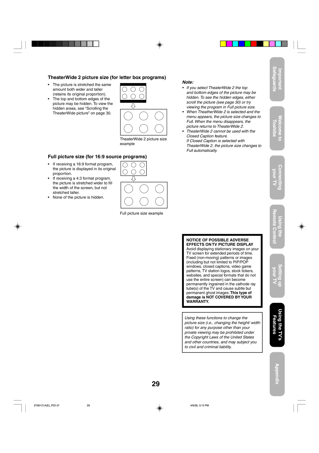 Toshiba 26DF56 appendix TheaterWide 2 picture size for letter box programs, Full picture size for 169 source programs 