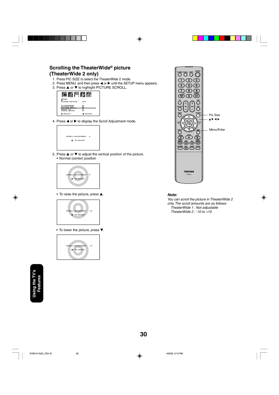 Toshiba 26DF56 Scrolling the TheaterWide picture TheaterWide 2 only, Press To display the Scroll Adjustment mode, Pic Size 