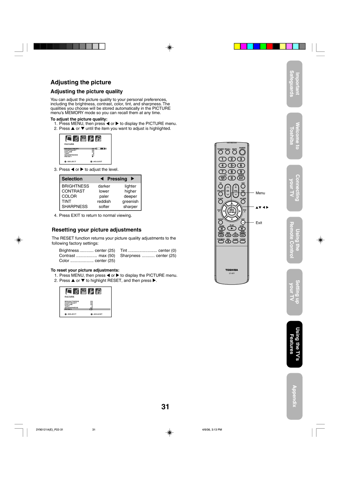 Toshiba 26DF56 appendix Adjusting the picture quality, Resetting your picture adjustments 