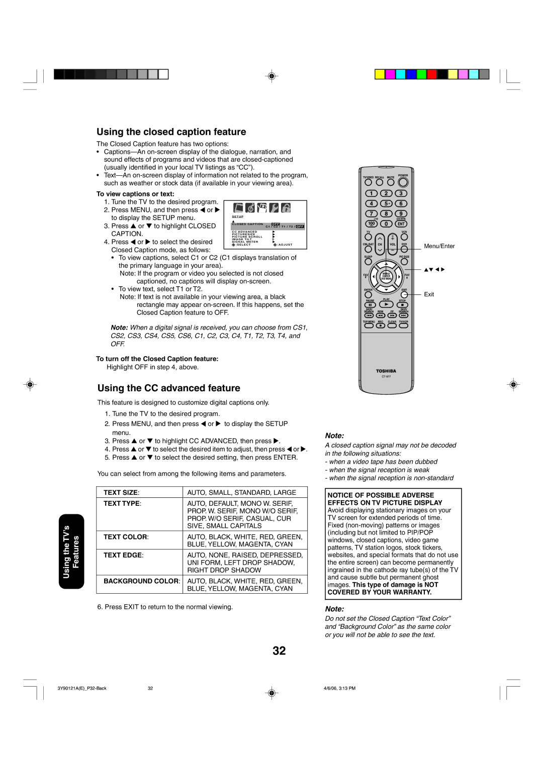 Toshiba 26DF56 appendix Using the closed caption feature, Using the CC advanced feature 