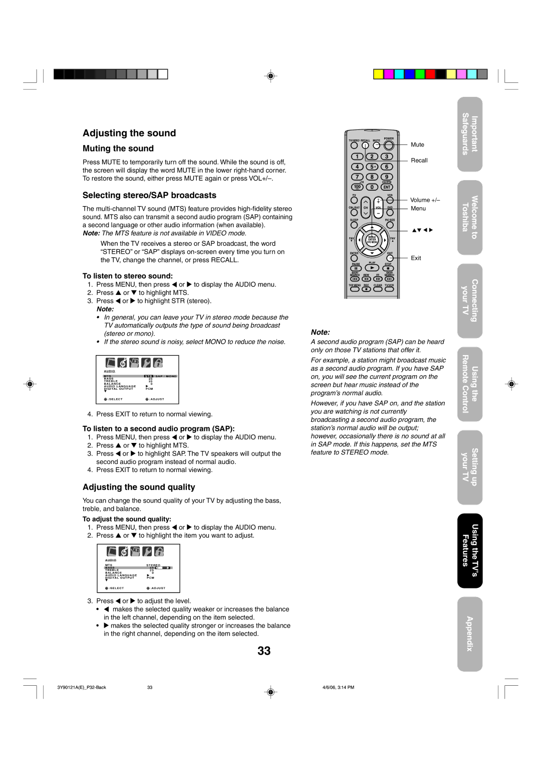 Toshiba 26DF56 appendix Muting the sound, Selecting stereo/SAP broadcasts, Adjusting the sound quality 