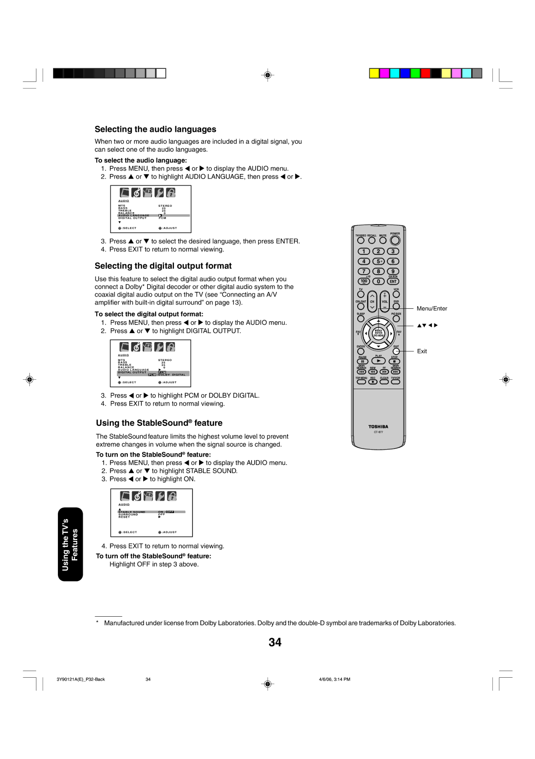 Toshiba 26DF56 appendix Selecting the audio languages, Selecting the digital output format, Using the StableSound feature 