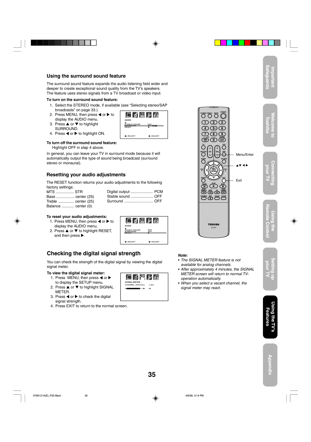 Toshiba 26DF56 Checking the digital signal strength, Using the surround sound feature, Resetting your audio adjustments 