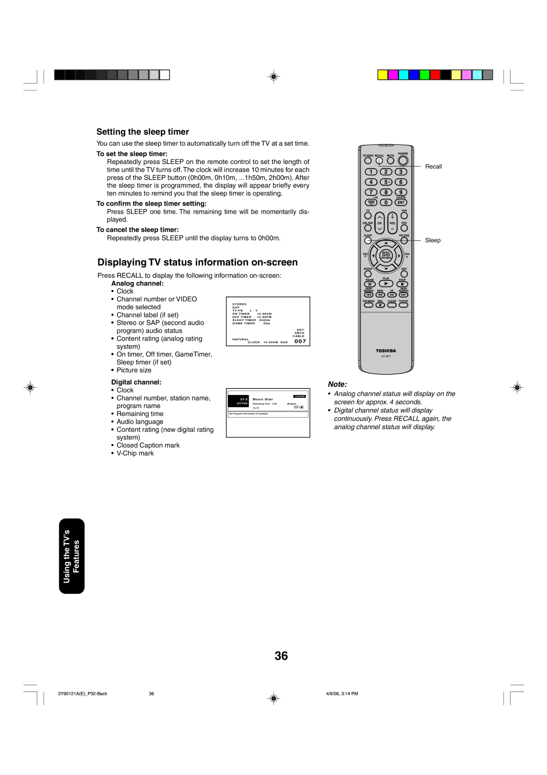 Toshiba 26DF56 appendix Displaying TV status information on-screen, Setting the sleep timer 