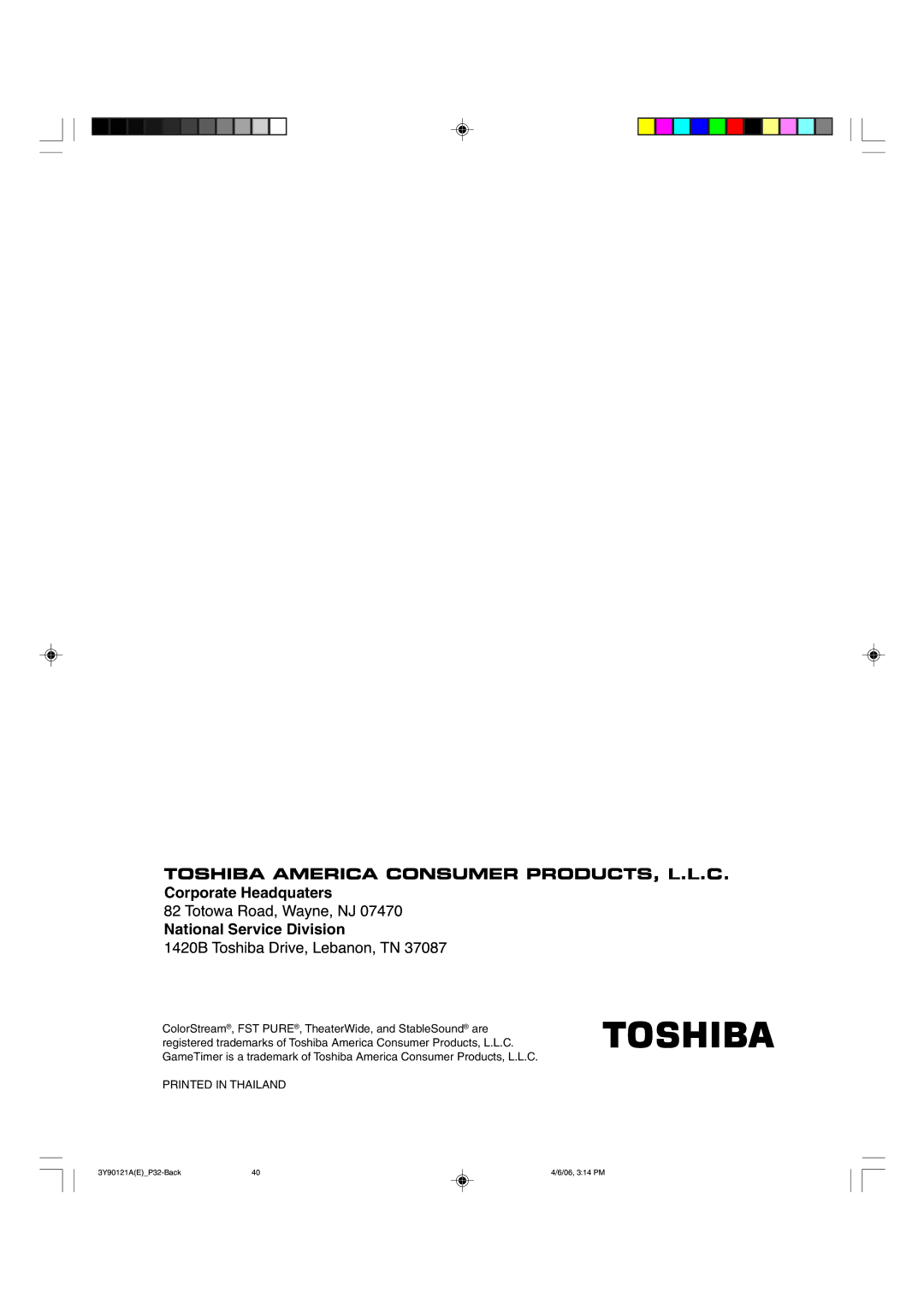 Toshiba 26DF56 appendix Corporate Headquaters National Service Division 