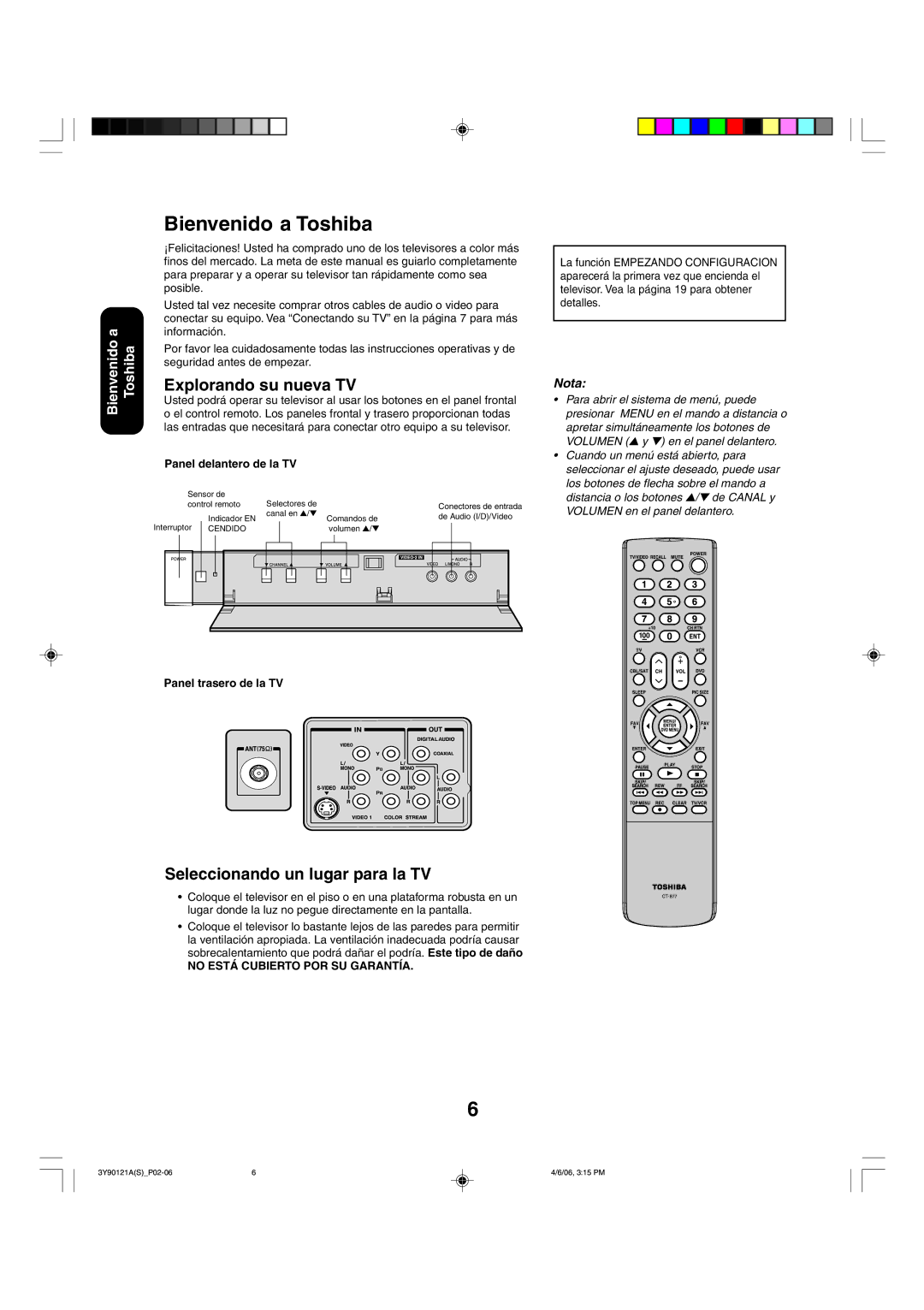 Toshiba 26DF56 appendix Bienvenido a Toshiba, Explorando su nueva TV, Seleccionando un lugar para la TV 