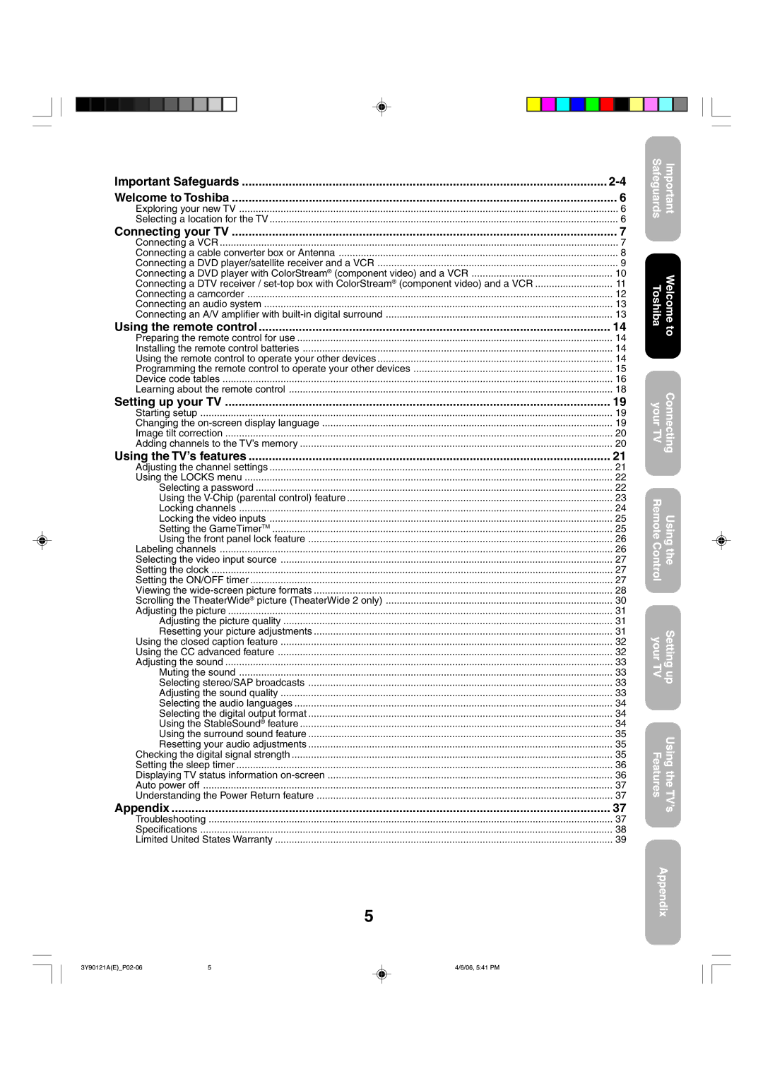 Toshiba 26DF56 Important Safeguards Welcome to Toshiba, Connecting your TV, Using the remote control, Setting up your TV 