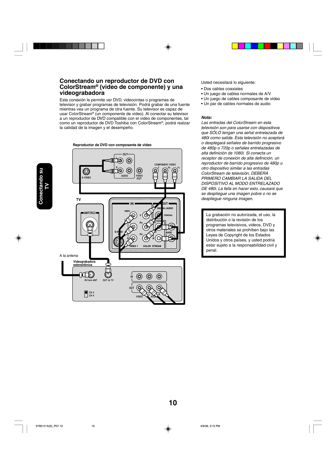 Toshiba 26DF56 appendix Nota, Reproductor de DVD con composante de video 