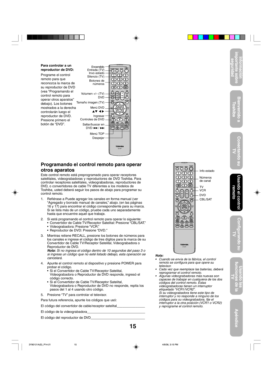 Toshiba 26DF56 appendix Programando el control remoto para operar otros aparatos, Para controlar a un reproductor de DVD 