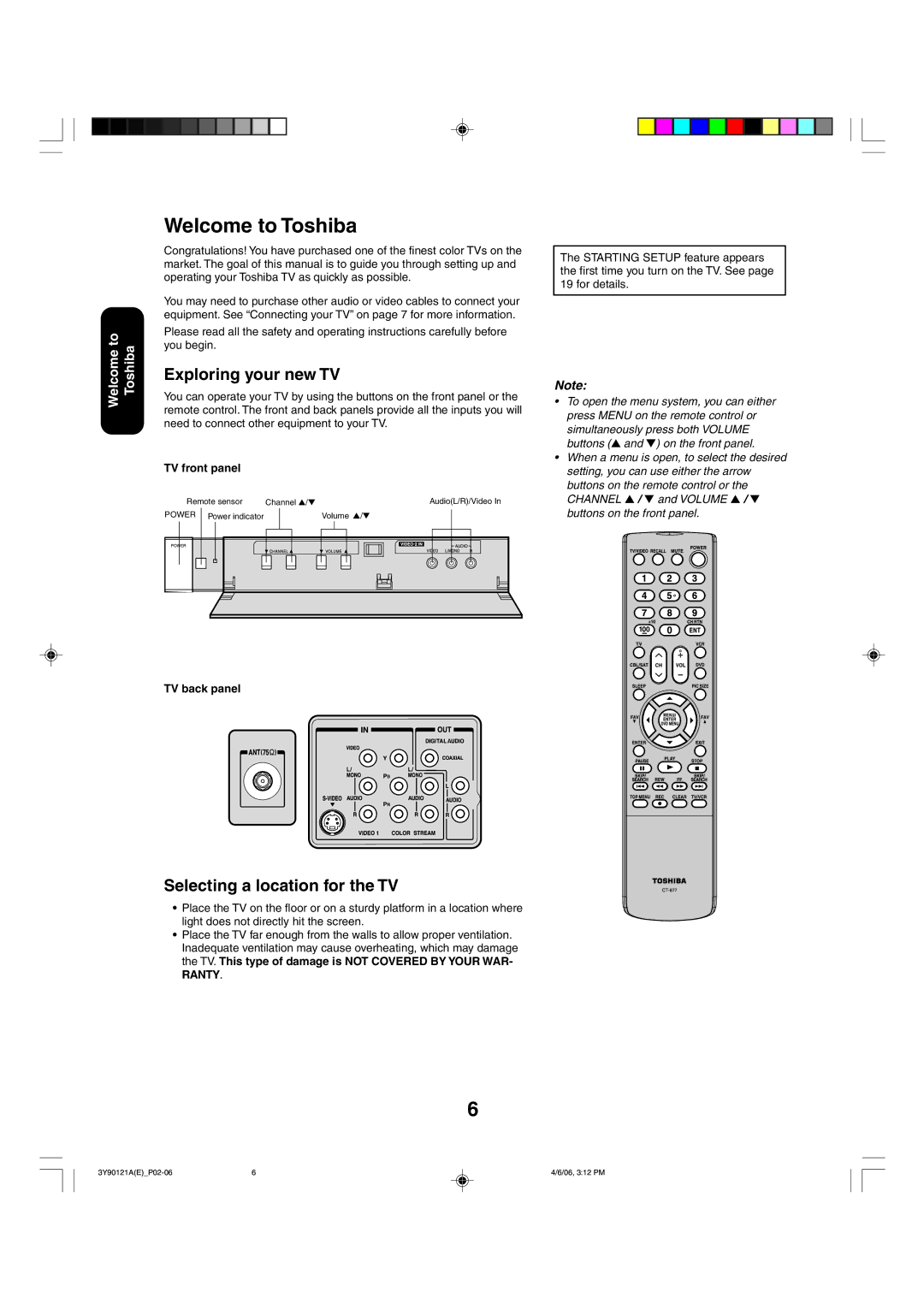 Toshiba 26DF56 appendix Welcome to Toshiba, Exploring your new TV, Selecting a location for the TV, Ranty 