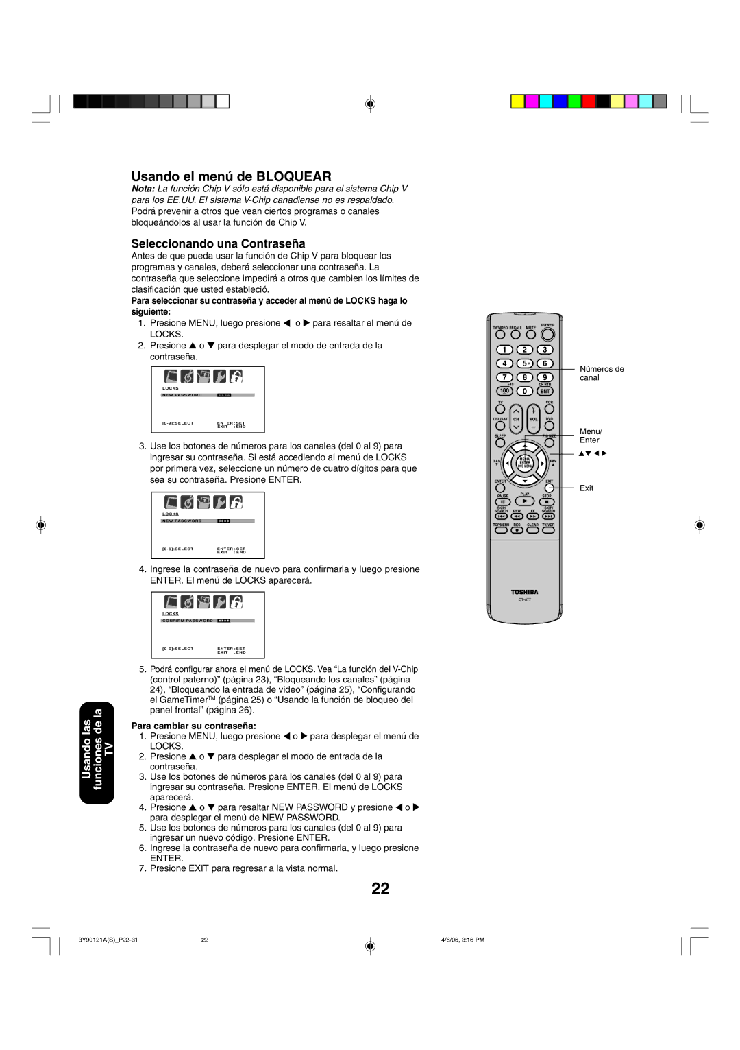 Toshiba 26DF56 appendix Usando el menú de Bloquear, Seleccionando una Contraseña, Locks, Para cambiar su contraseña 