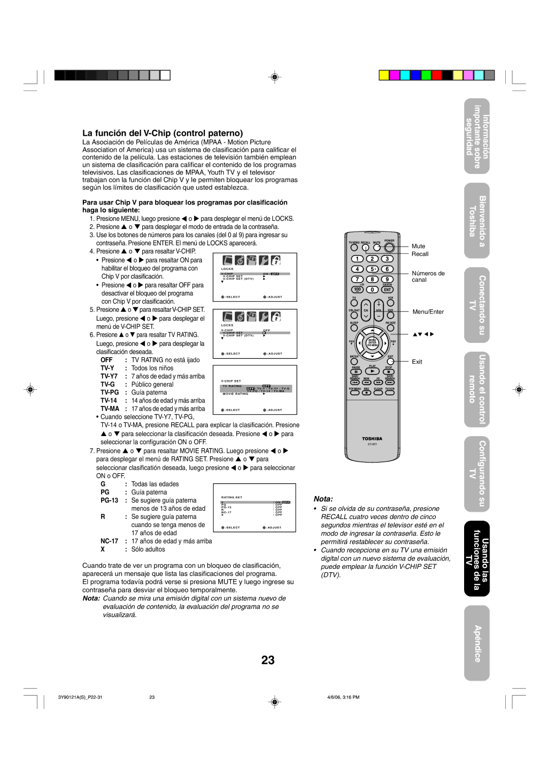 Toshiba 26DF56 appendix La función del V-Chip control paterno, Tv-Pg, Tv-Ma 