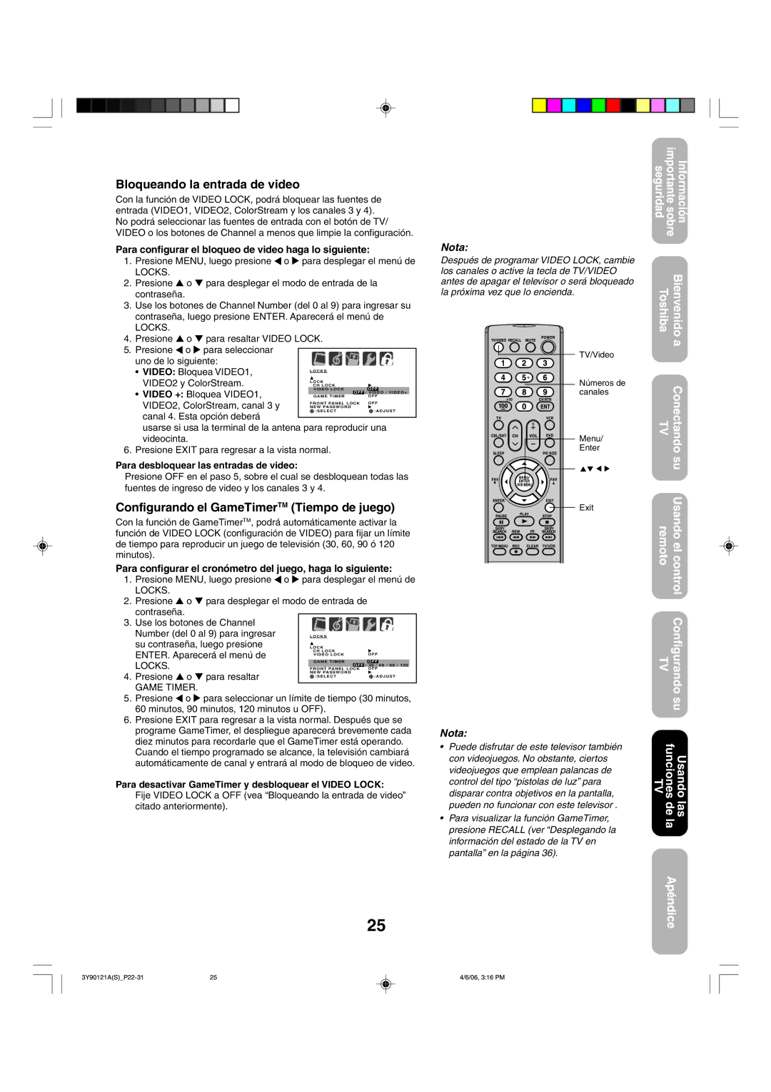 Toshiba 26DF56 appendix Bloqueando la entrada de video, Configurando el GameTimerTM Tiempo de juego, Locks, Game Timer 