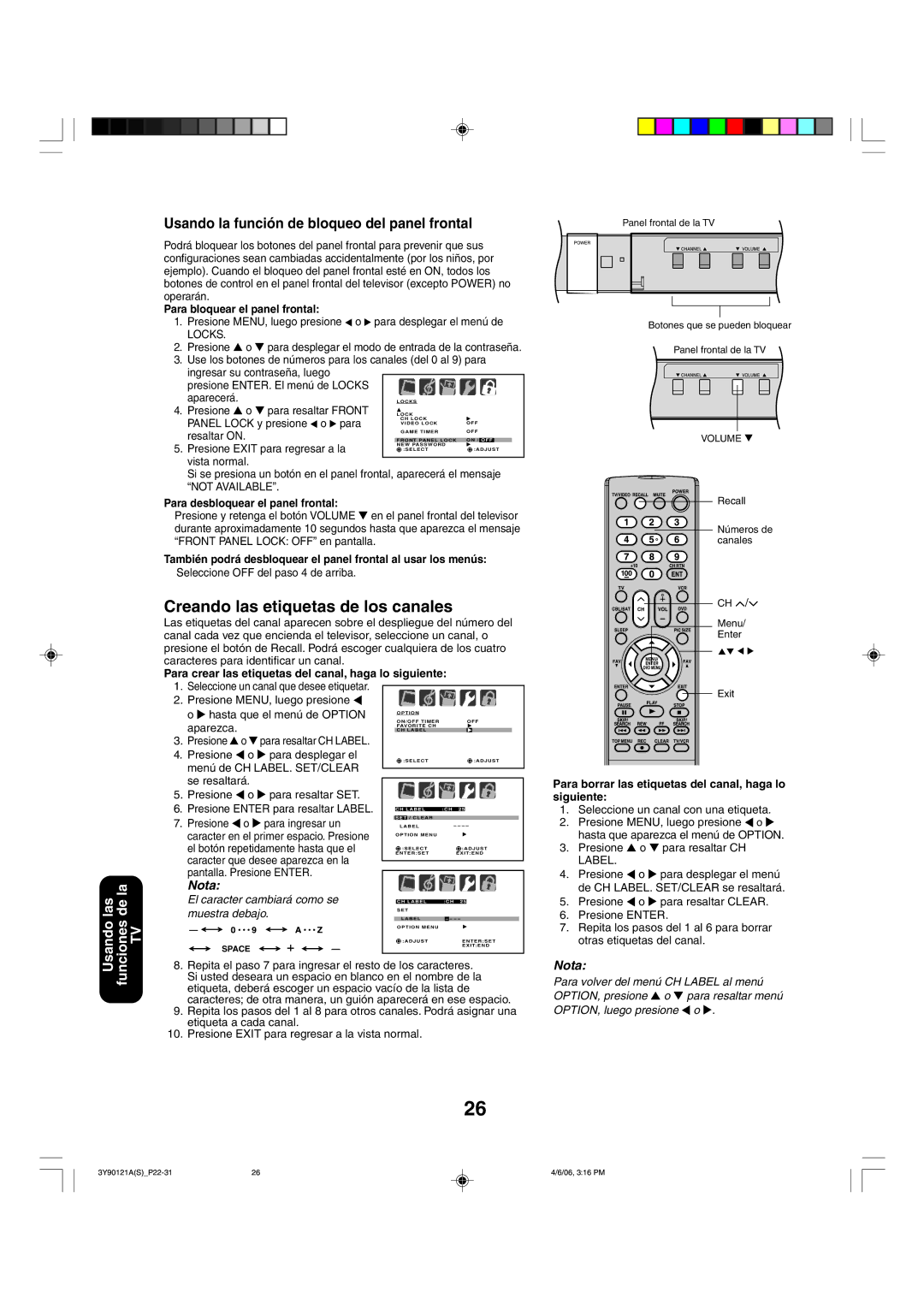 Toshiba 26DF56 appendix Creando las etiquetas de los canales, Usando la función de bloqueo del panel frontal 