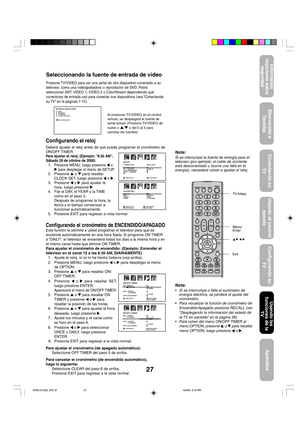 Toshiba 26DF56 appendix Seleccionando la fuente de entrada de video, Configurando el reloj 