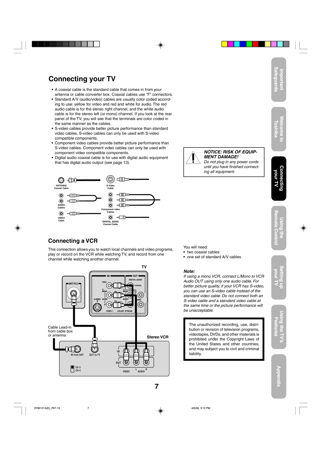 Toshiba 26DF56 appendix Connecting your TV, Connecting a VCR, Stereo VCR, Cable Lead-in From cable box Or antenna 