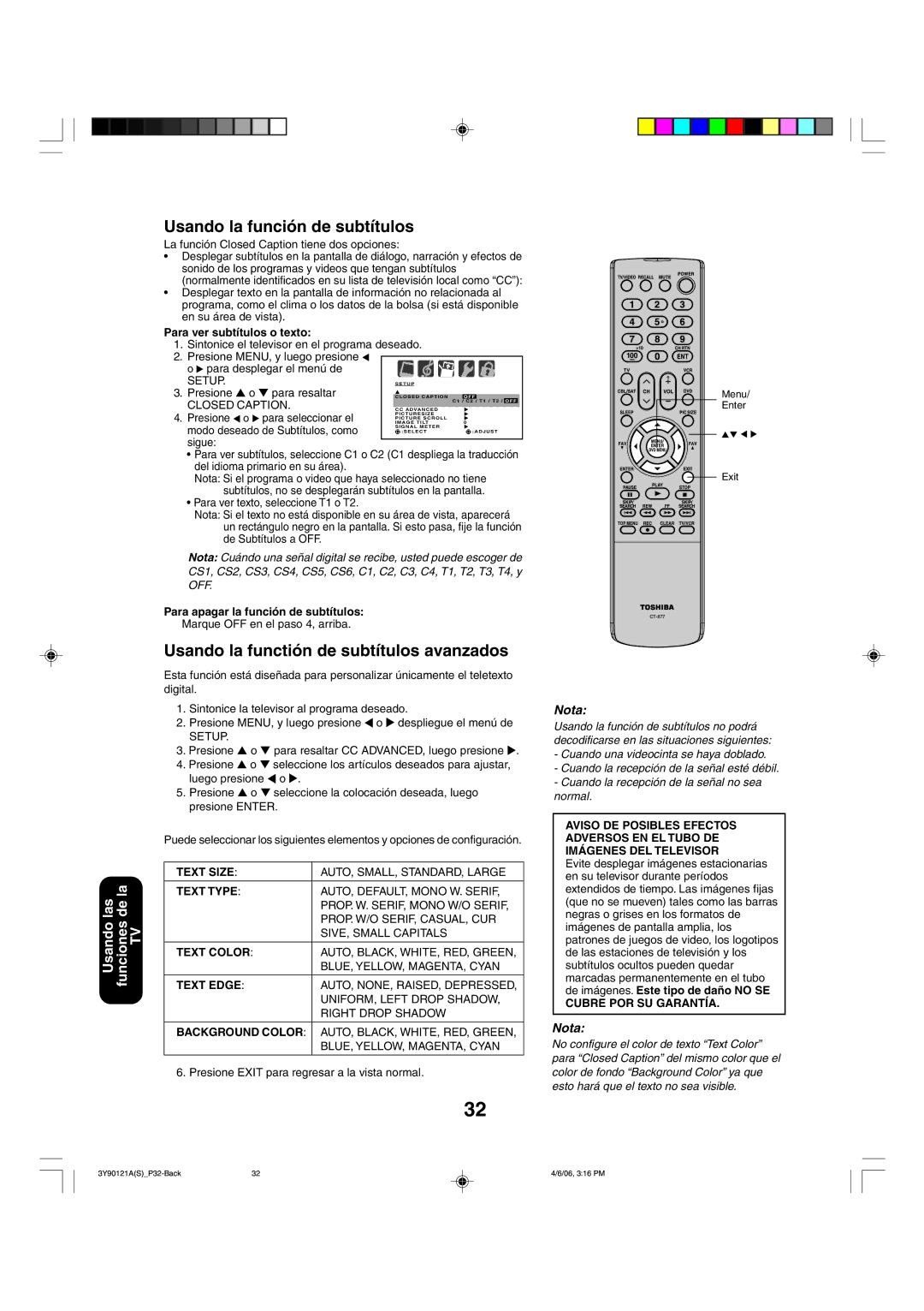 Toshiba 26DF56 Usando la función de subtítulos, Usando la functión de subtítulos avanzados, Para ver subtítulos o texto 