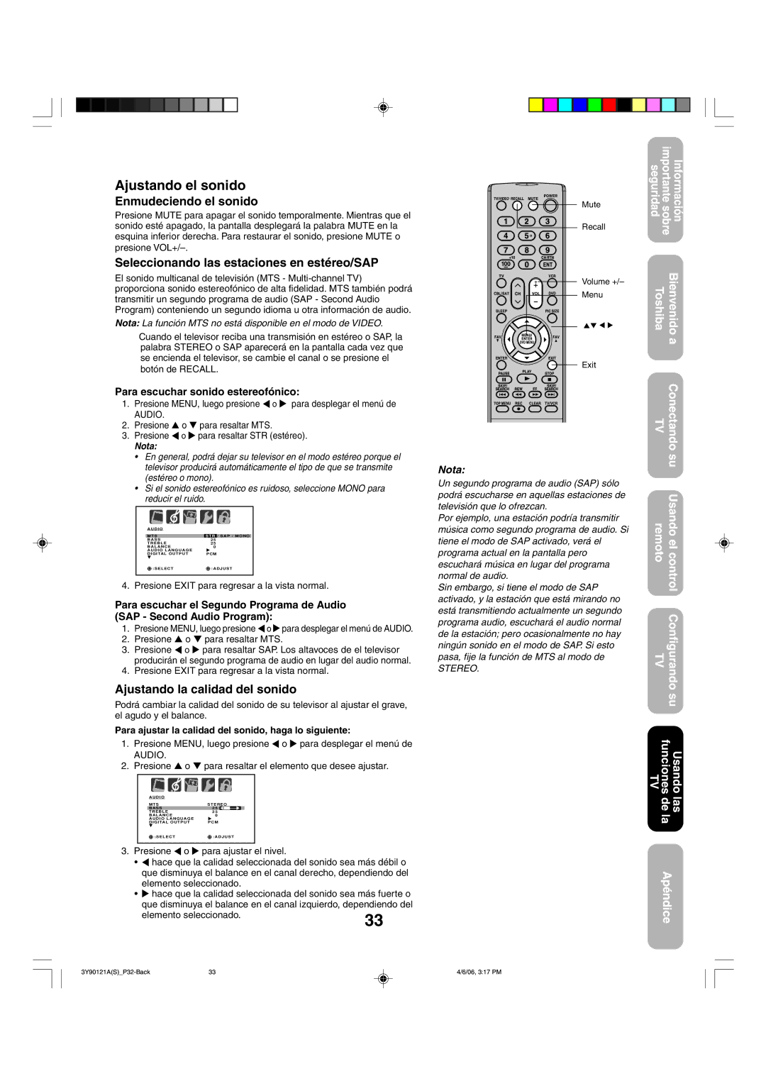 Toshiba 26DF56 appendix Ajustando el sonido, Enmudeciendo el sonido, Seleccionando las estaciones en estéreo/SAP 