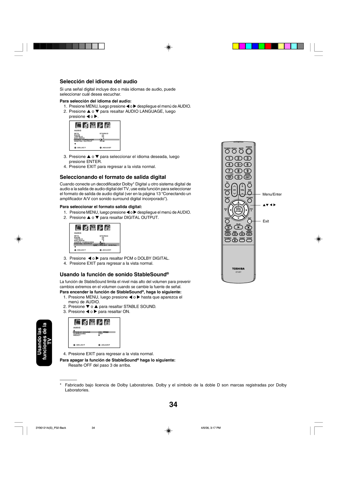 Toshiba 26DF56 appendix Selección del idioma del audio, Seleccionando el formato de salida digital 